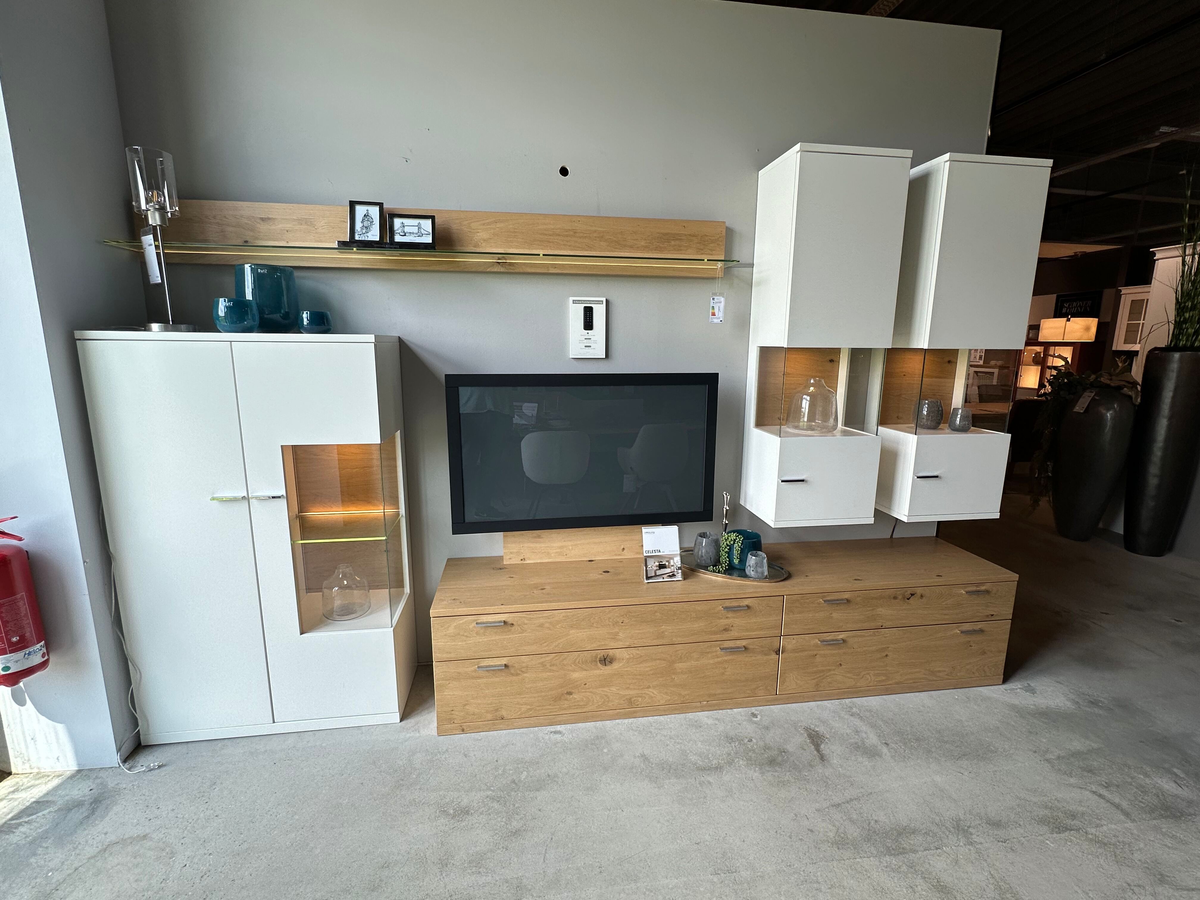 Wohnwand Lodano Wohnzimmer inkl. Beleuchtung Weiß Eiche